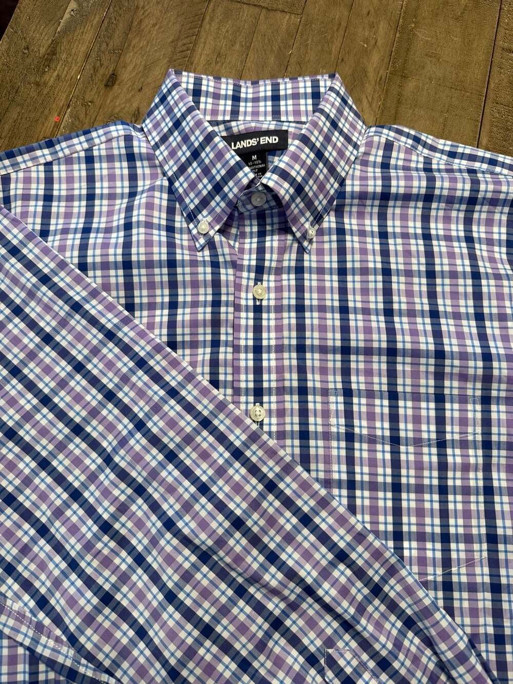 Lands' End Button Down Shirt Size M 15-15.5 Traditional Fit Plaid Blue Purple